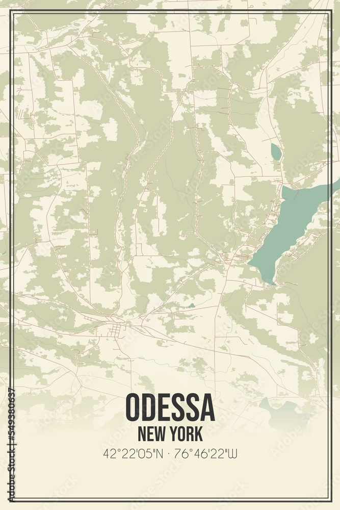 Retro US city map of Odessa, New York. Vintage street map.