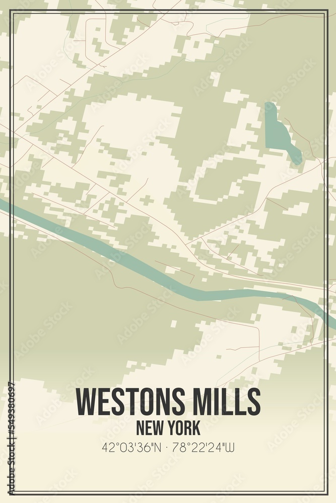 Retro US city map of Westons Mills, New York. Vintage street map.