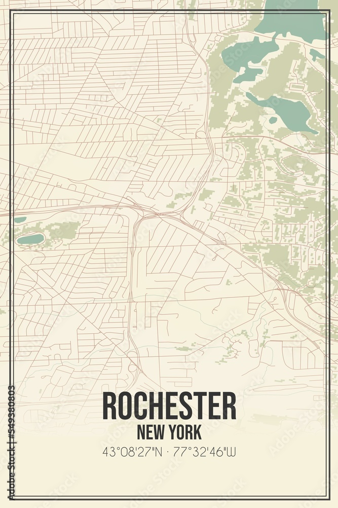 Retro US city map of Rochester, New York. Vintage street map.