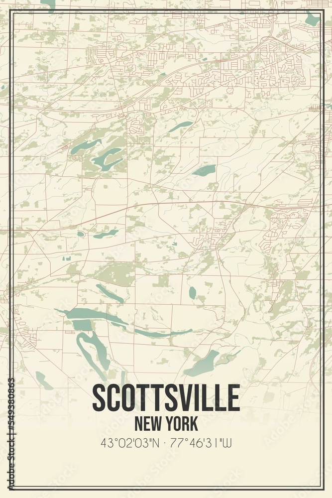 Retro US city map of Scottsville, New York. Vintage street map.