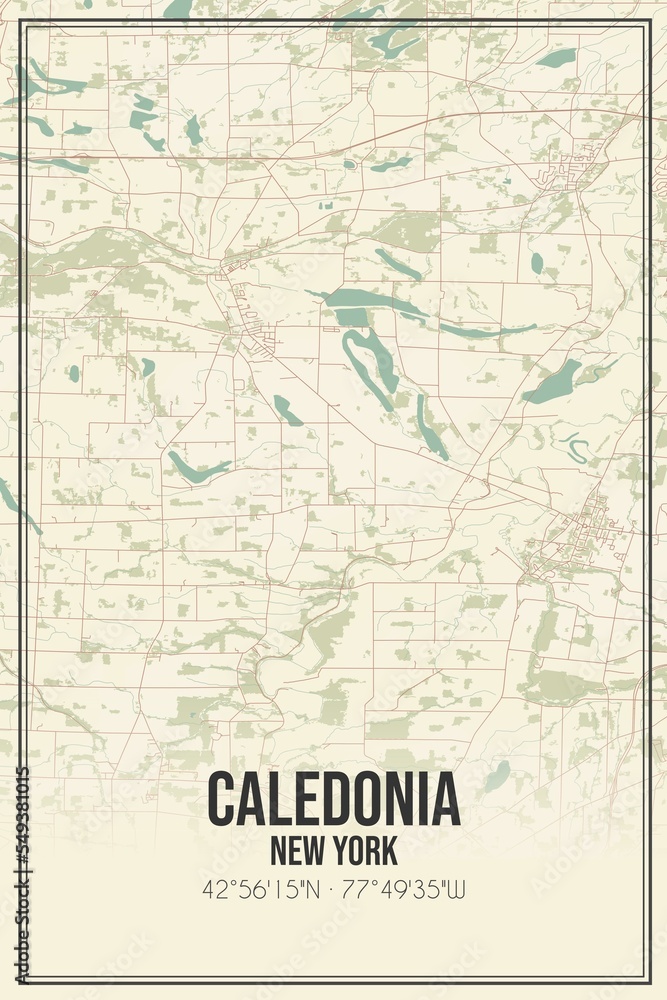 Retro US city map of Caledonia, New York. Vintage street map.