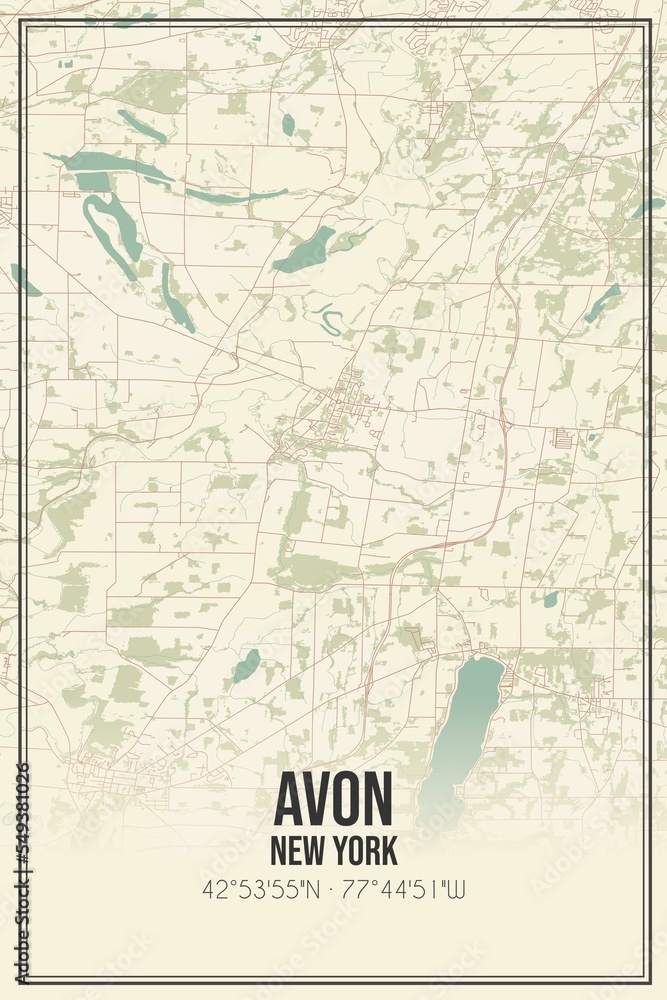Retro US city map of Avon, New York. Vintage street map.