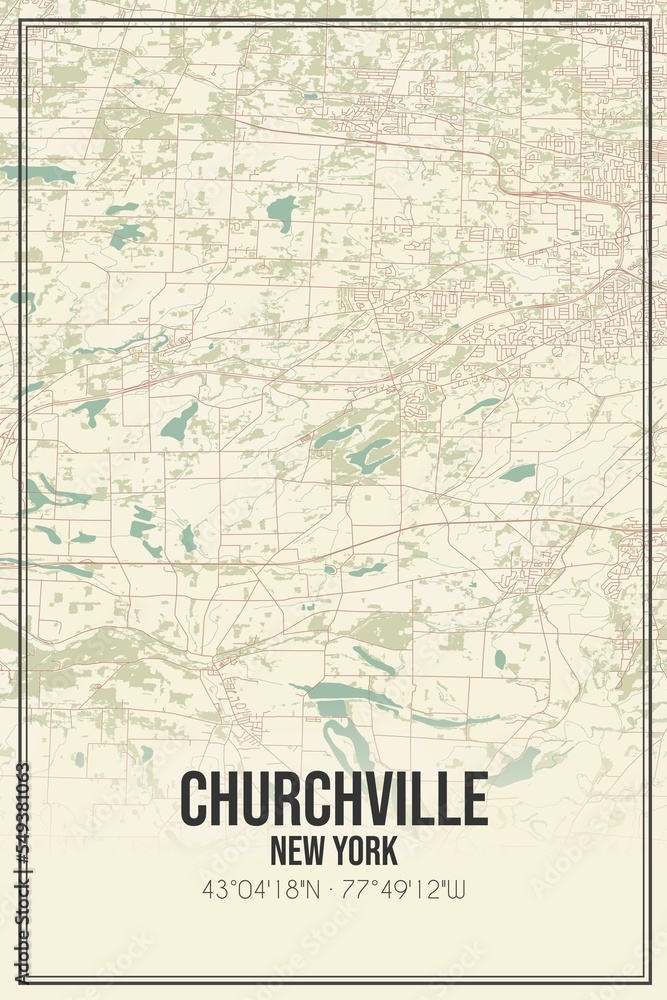 Retro US city map of Churchville, New York. Vintage street map.