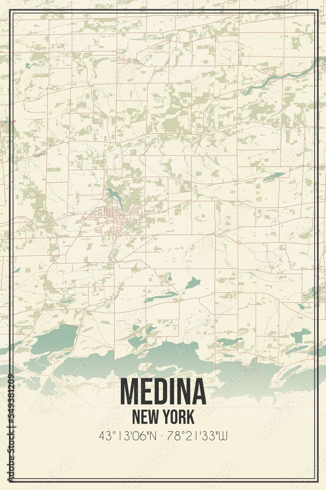 Retro US city map of Medina, New York. Vintage street map.