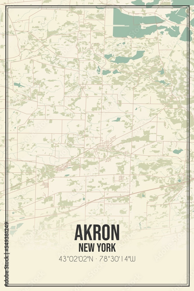 Retro US city map of Akron, New York. Vintage street map.