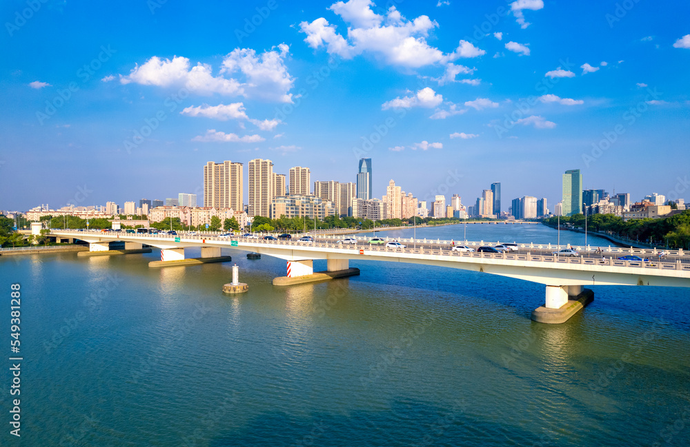 Obraz premium Urban Environment of Yuyao River Section at Sanjiangkou, Ningbo, Zhejiang Province, China