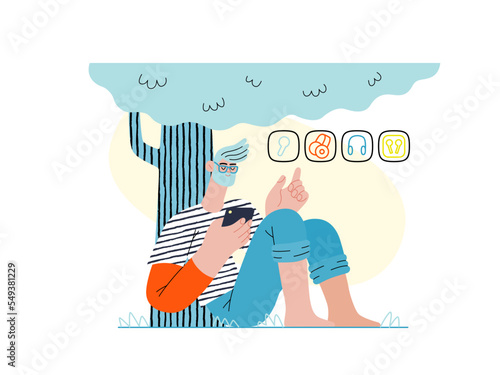 Online shopping -electronic commerce series -modern flat vector concept illustration of a man sitting relaxing under the tree outside and shopping. Promotion, discounts, sale and online orders concept