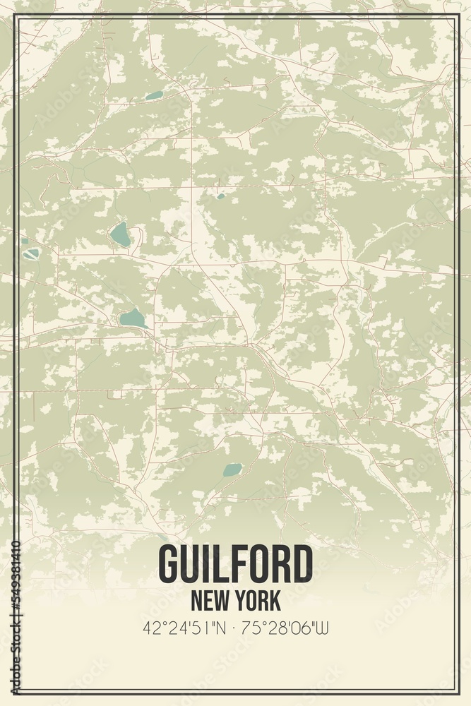 Retro US city map of Guilford, New York. Vintage street map.