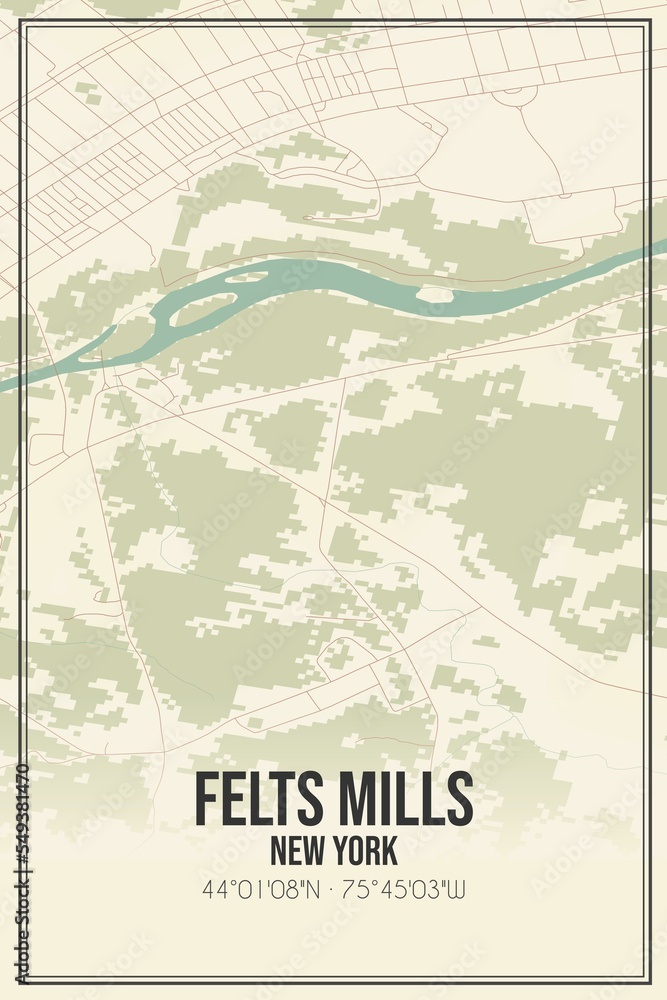 Retro US city map of Felts Mills, New York. Vintage street map.