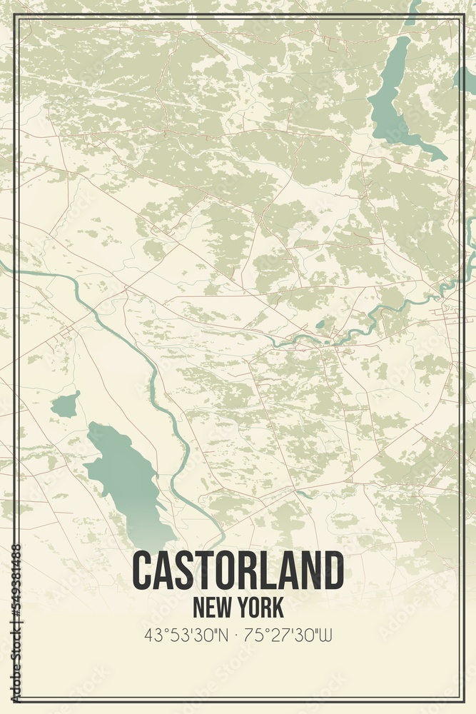 Retro US city map of Castorland, New York. Vintage street map.