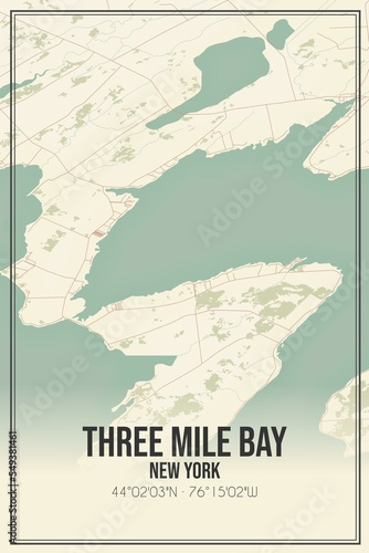 Retro US city map of Three Mile Bay  New York. Vintage street map.