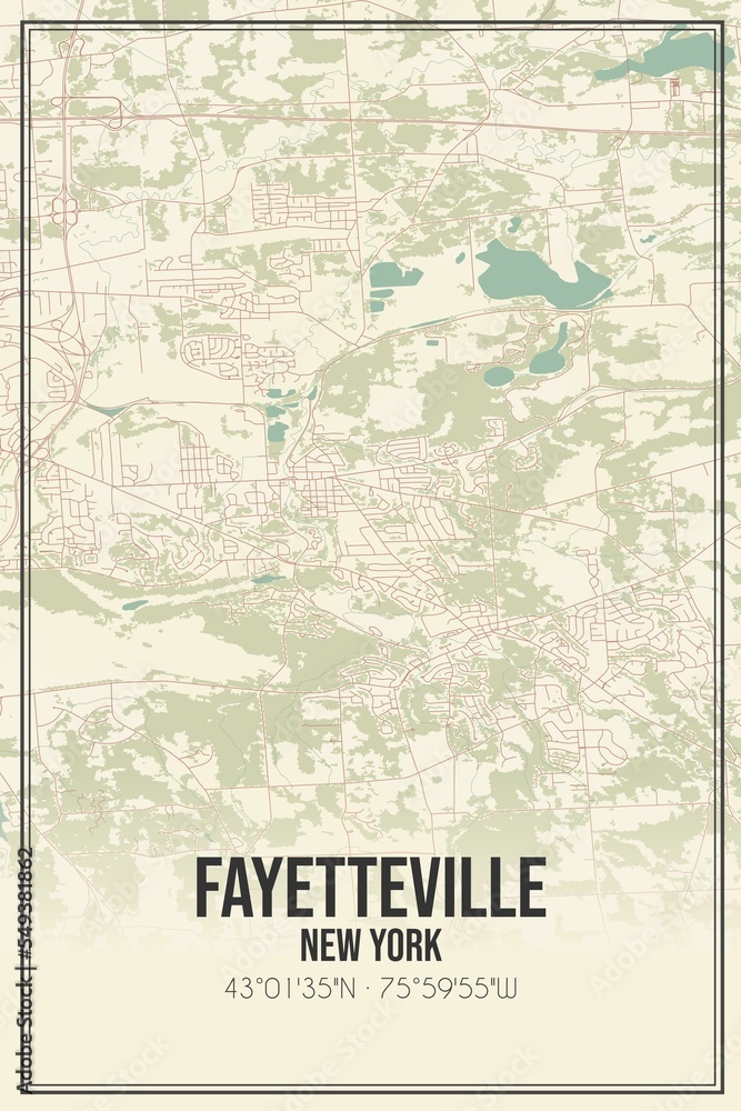 Retro US city map of Fayetteville, New York. Vintage street map.