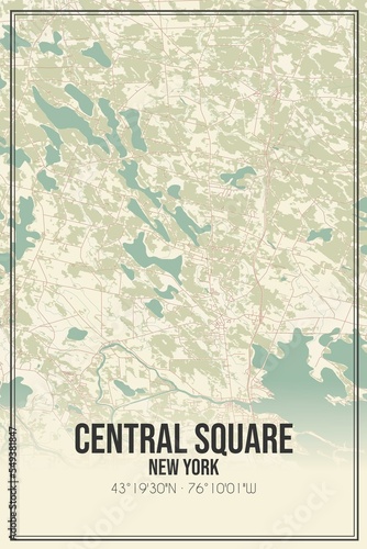 Retro US city map of Central Square  New York. Vintage street map.