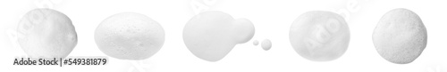 Set with drops of fluffy soap foam on white background, top view. Banner design photo