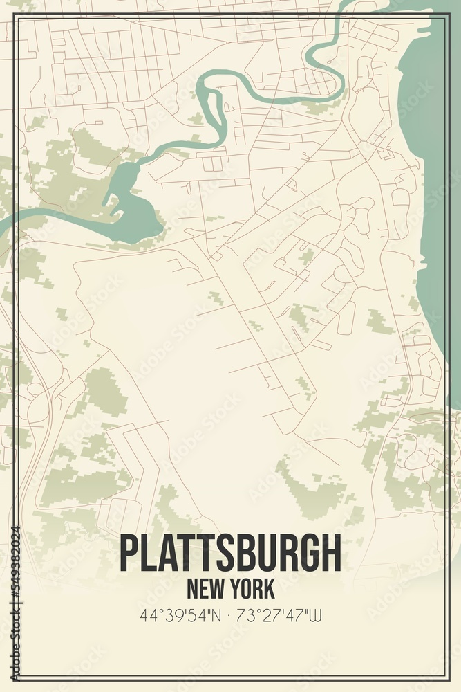Retro US city map of Plattsburgh, New York. Vintage street map.