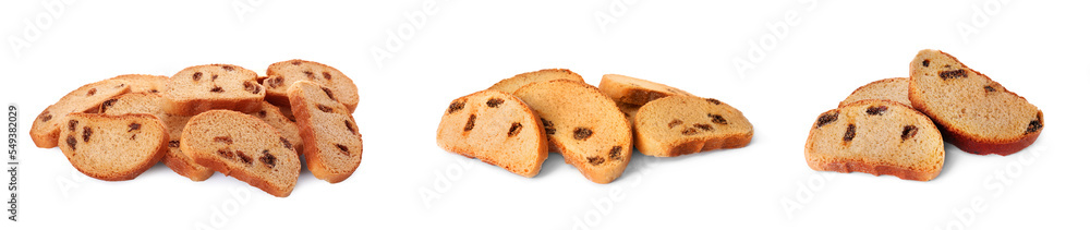 Set with sweet hard chuck crackers with raisins on white background. Banner design Set with sweet hard chuck crackers with raisins on white background. Banner design