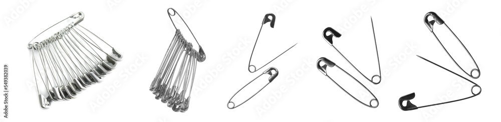 Set with safety pins on white background. Banner design Set with safety pins on white background. Banner design