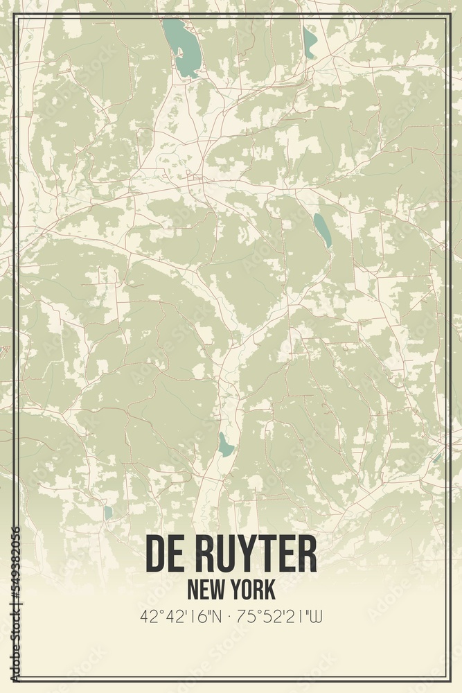 Retro US city map of De Ruyter, New York. Vintage street map.