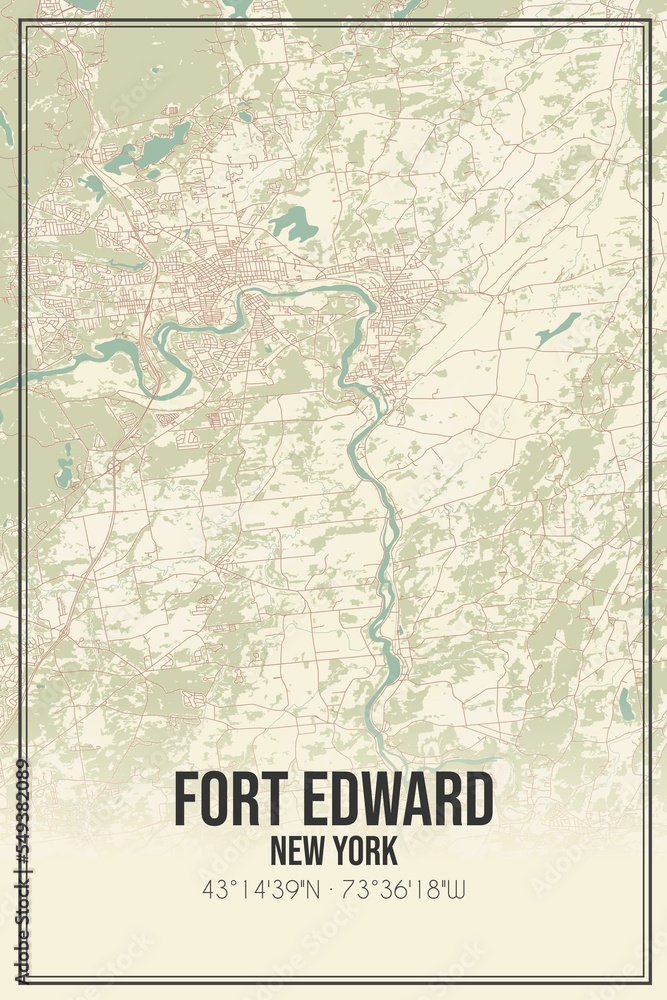 Retro US city map of Fort Edward, New York. Vintage street map.