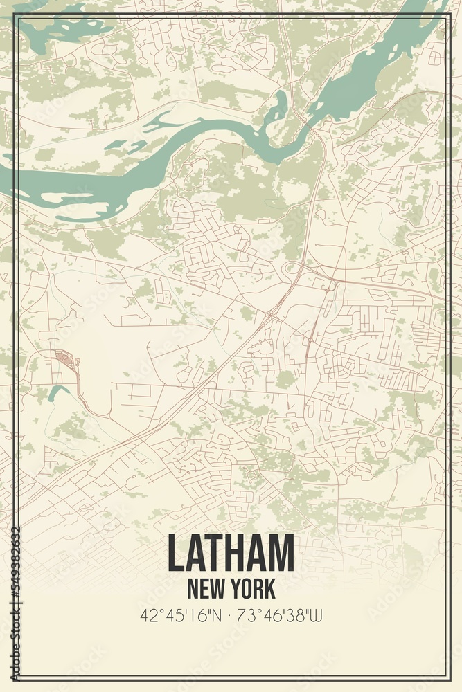 Retro US city map of Latham, New York. Vintage street map.