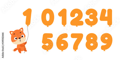 Cute little fox flying on balloon number on white background. Cartoon animal character for kids t-shirt, nursery decoration, baby shower, greeting card, house interior. Vector stock illustration