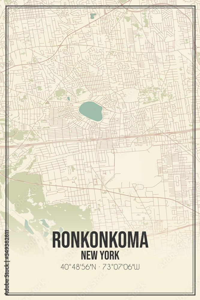 Retro US city map of Ronkonkoma, New York. Vintage street map.