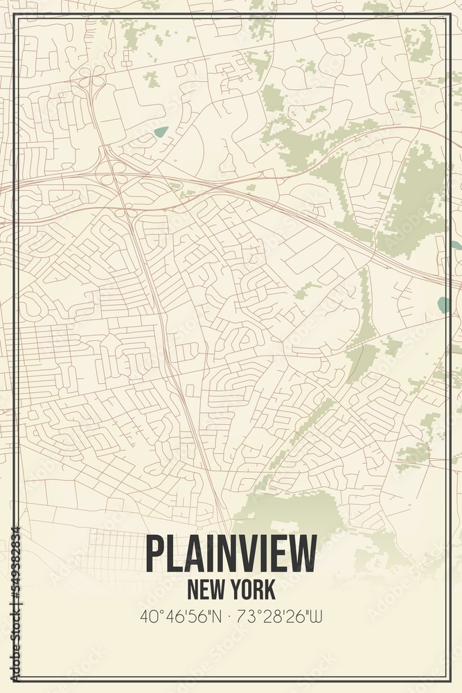 Retro US city map of Plainview, New York. Vintage street map.