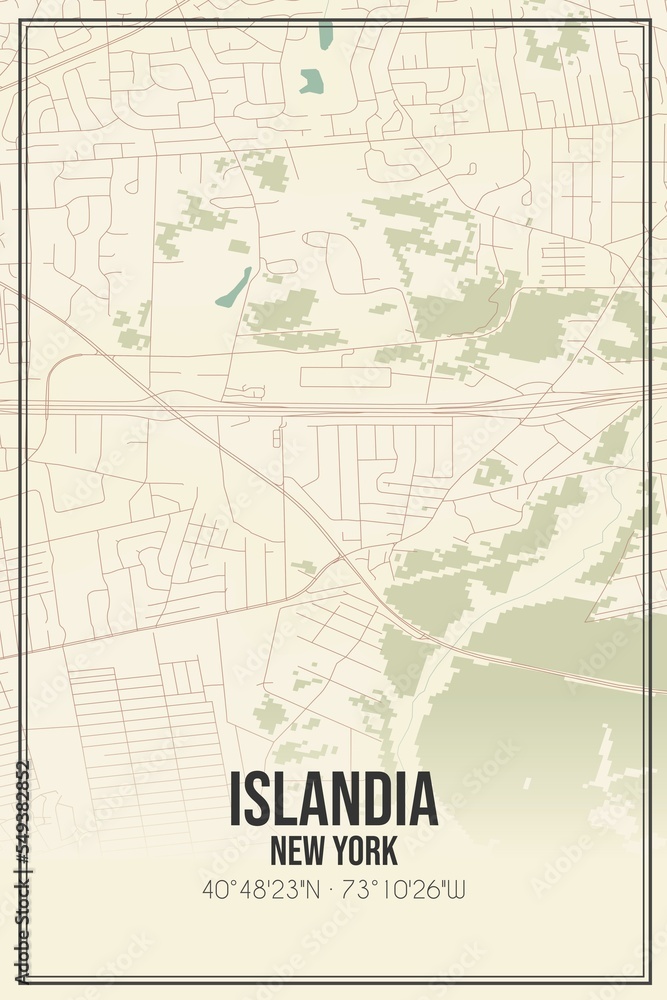 Retro US city map of Islandia, New York. Vintage street map.