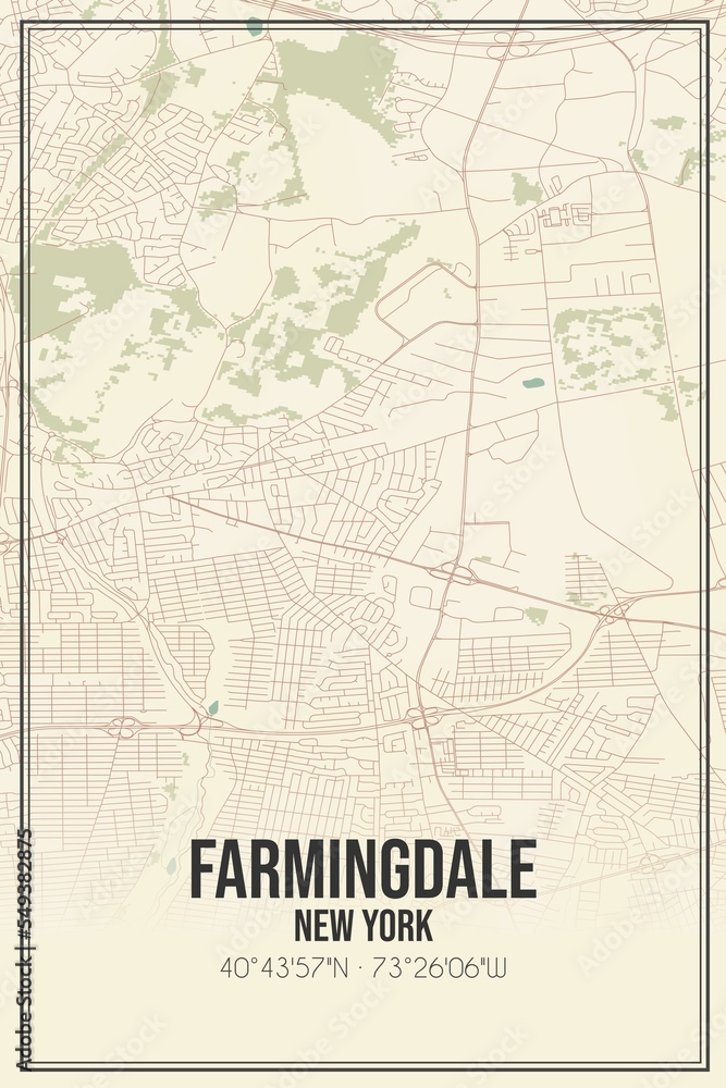 Retro US city map of Farmingdale, New York. Vintage street map.
