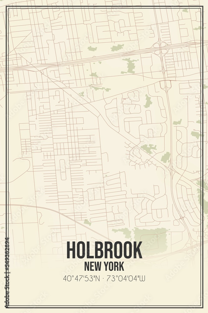 Retro US city map of Holbrook, New York. Vintage street map.