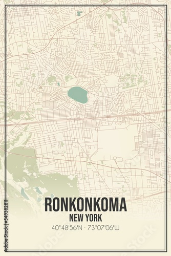 Obraz na płótnie Retro US city map of Ronkonkoma, New York. Vintage street map. w salonie