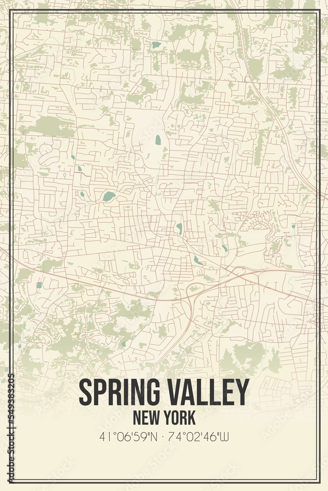 Retro US city map of Spring Valley, New York. Vintage street map.