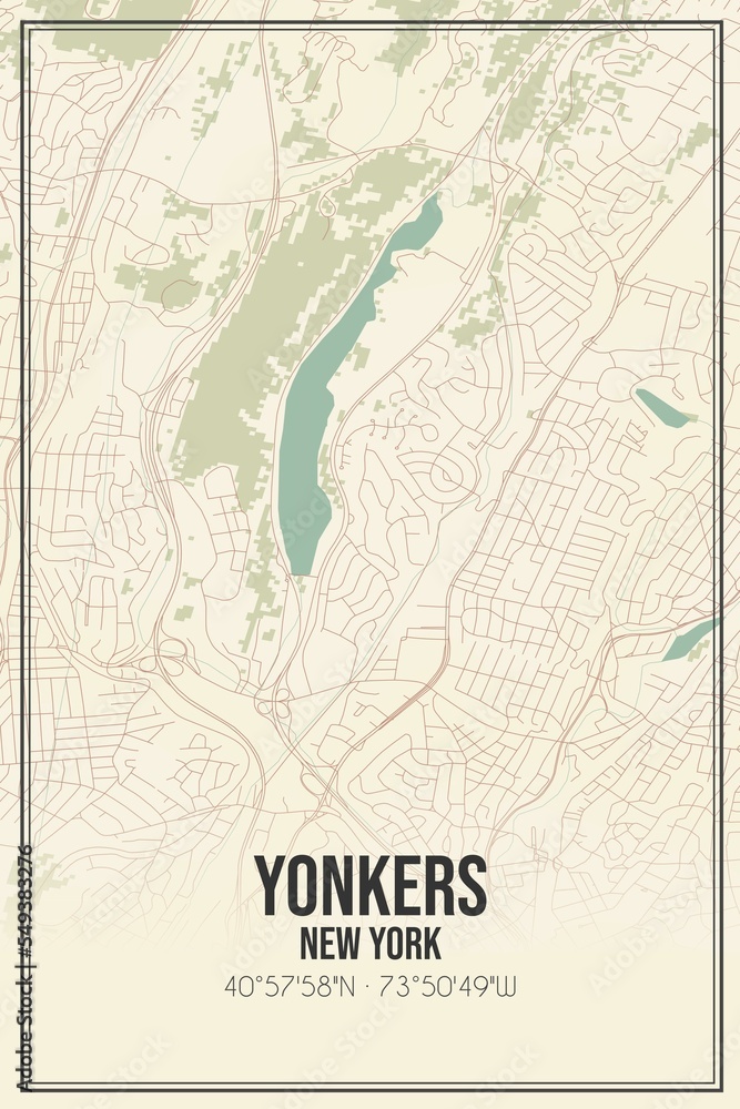 Retro US city map of Yonkers, New York. Vintage street map.