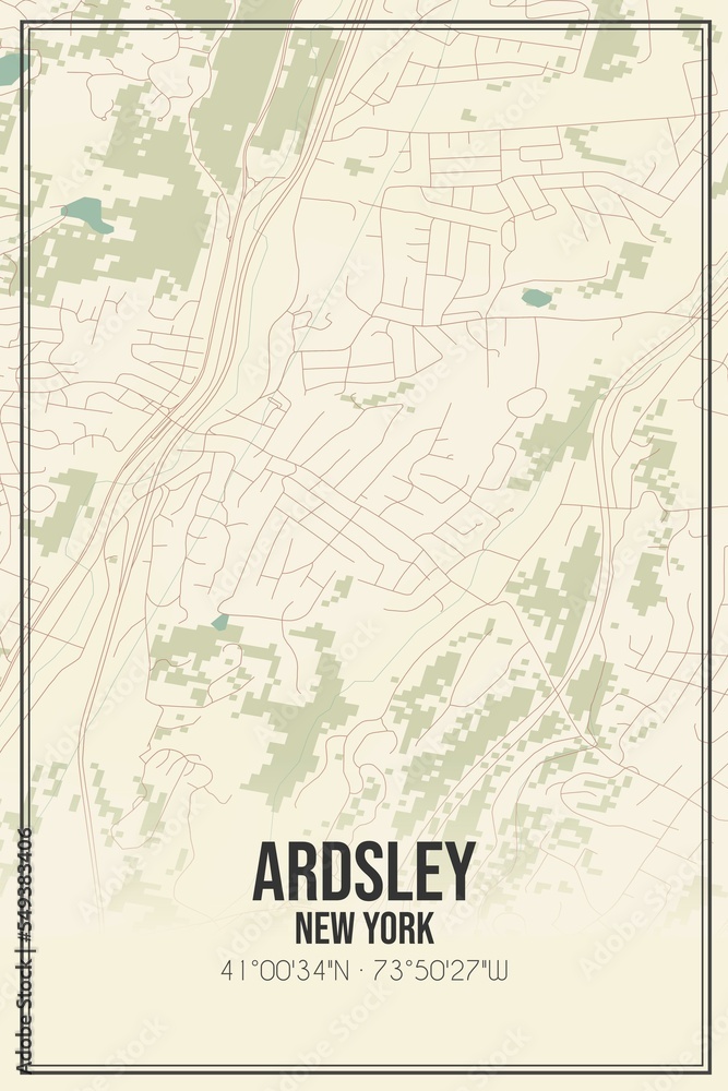 Retro US city map of Ardsley, New York. Vintage street map.