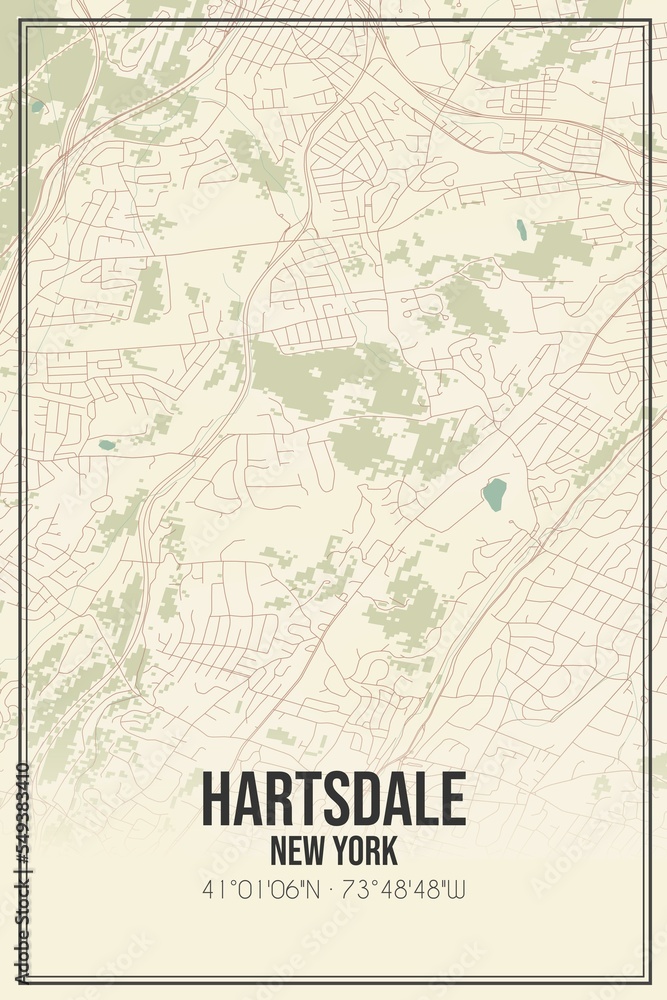 Retro US city map of Hartsdale, New York. Vintage street map.