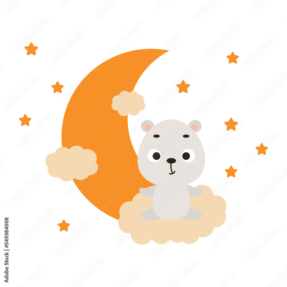 Fototapeta premium Cute little polar bear sitting on cloud. Cartoon animal character for kids t-shirt, nursery decoration, baby shower, greeting cards, invitations, house interior. Vector stock illustration