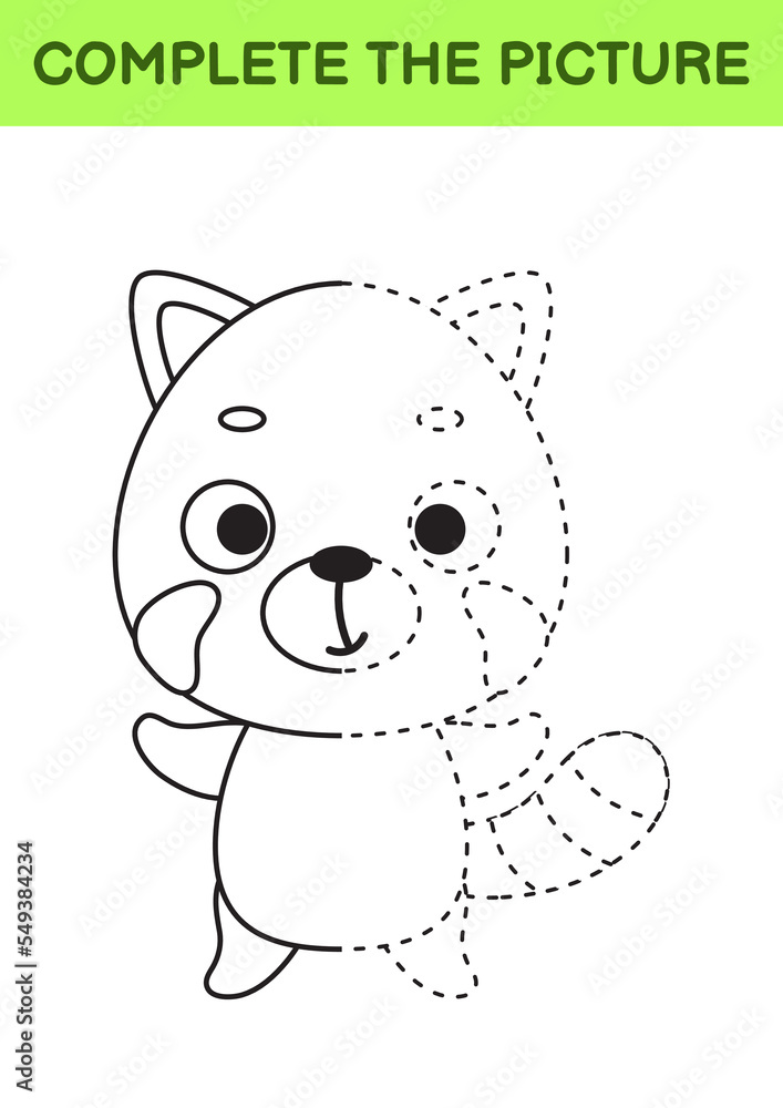 Complete drawn picture of cute red panda. Coloring book. Dot copy game. Handwriting practice, drawing skills training. Education developing printable worksheet. Activity page. Vector illustration Complete drawn picture of cute red panda. Coloring book. Dot copy game. Handwriting practice, drawing skills training. Education developing printable worksheet. Activity page. Vector illustration
