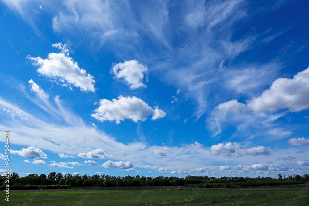 Beautiful view on green trees and field under blue cloudy sky Beautiful view on green trees and field under blue cloudy sky