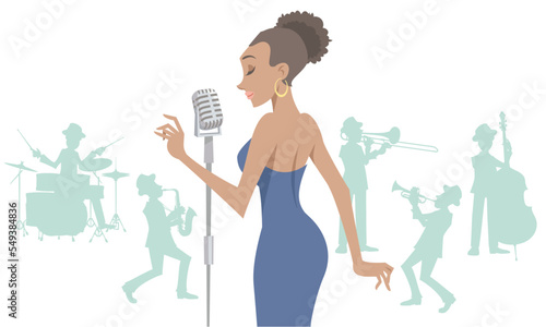 Canvas Print A female jazz singer and musicians silhouette performing on isolated white background