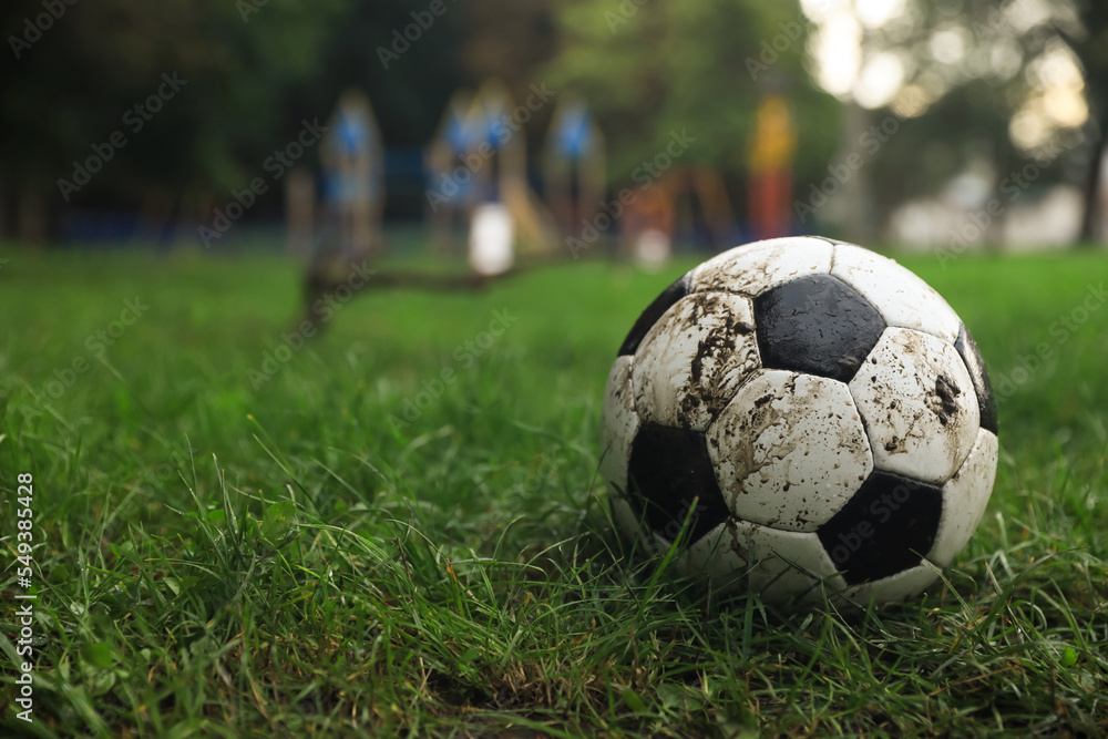 Fototapeta premium Dirty leather soccer ball on grass outdoors, space for text