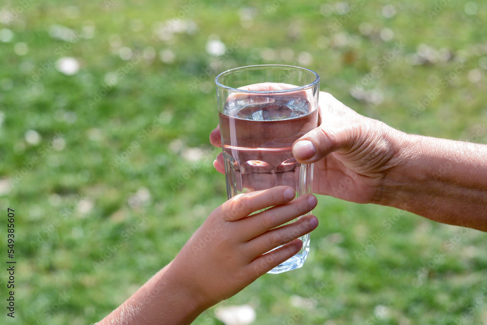 Child giving glass of water to elderly woman outdoors, closeup Child giving glass of water to elderly woman outdoors, closeup