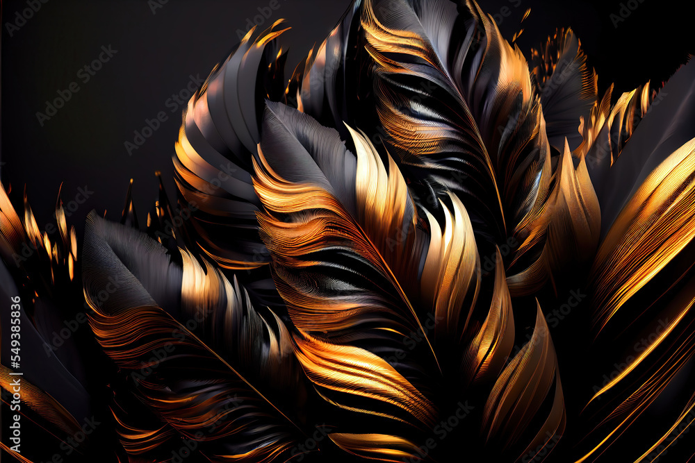black and gold feathers background as beautiful abstract wallpaper