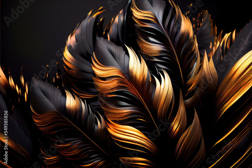 black and gold feathers background as beautiful abstract wallpaper header