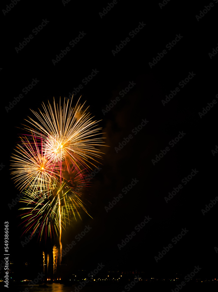 Firework on Black Dark Sky Background,Celebrate Party Merry Christmas and Happy New Year Festival,Light Bright Bokeh Gold Abstract Burst Fire Anniversary Birthday Holidays Wallpaper,Colorful Night.