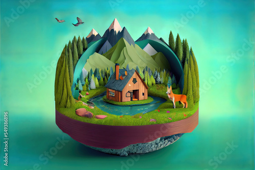 diorama of a beautiful mountain landscape with wooden log hut, birds photo