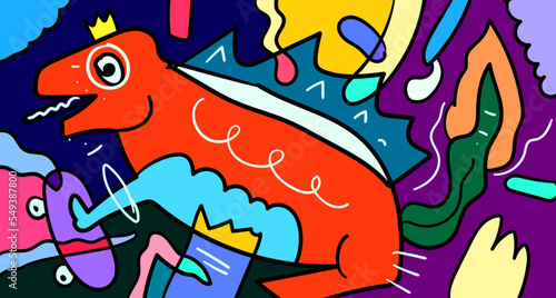 Vector colorful abstract doodle hand drawn monster and animal illustration for digital banner design 2023