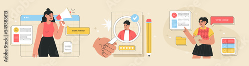 Recruitment agency, hiring, vector illustration set. Hr managers team and headhunters work with human resources, searching the best candidates for vacancies, analyze CV. Hand drawn flat cartoon style