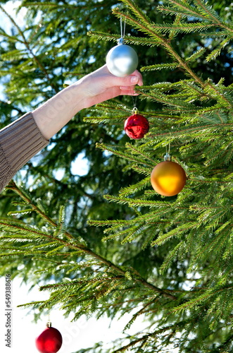 A girl hangs Christmas balls on the Christmas tree. New Year's background.