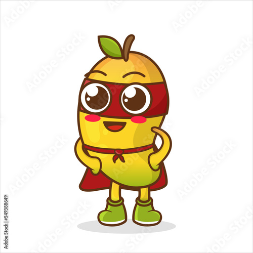 Cartoon yellow mango fruit superhero funny character. Cute Mango cartoon character of an exotic fruit in a superhero costume, mask and cloak.