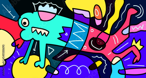 Vector colorful abstract doodle hand drawn monster and animal illustration for digital banner design 2023